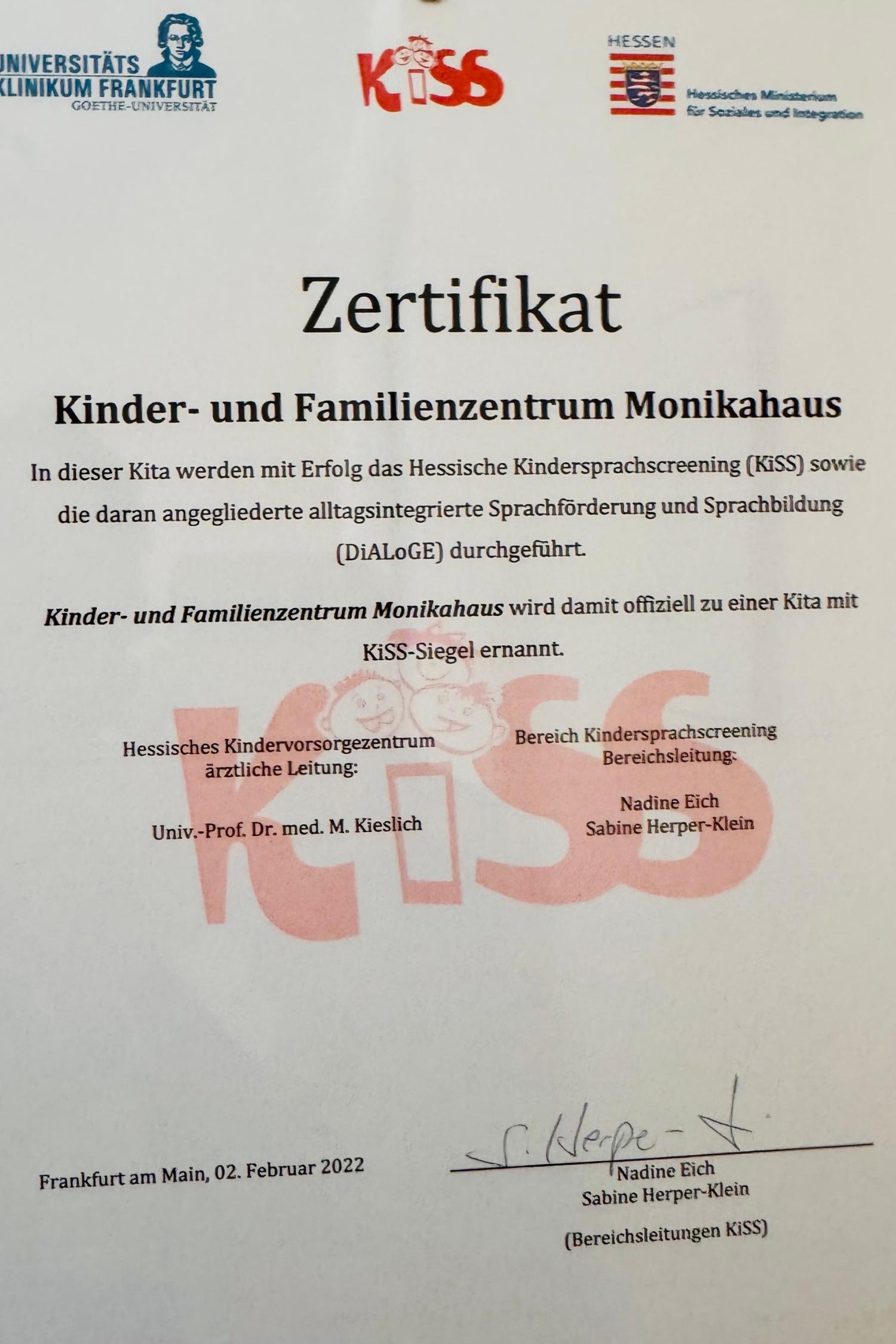 Zertifikat Kiss Kindersprachtraining